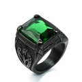 Vintage black stainless steel ring for men featuring a large emerald cut green gemstone - Size 7 / Black Base Green Gemstone