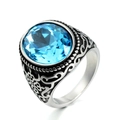 Vintage stainless steel ring for men featuring a large sky blue oval gemstone inlay - US 7 / Steel Color / Blue Rhinestone
