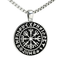Vintage silver Viking Vegvisir compass pendant with Runes on a box chain - Silver Color Pendant