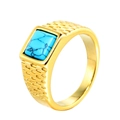 Men's golden stainless steel ring with square blue turquoise and embossed pattern - Size 7 / Gold Base Turquoise