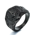 Men's black stainless steel Masonic ring with gold G symbol and vintage relief carvings - US 7 / Black