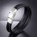 Bracciale multistrato da uomo in pelle intrecciata con chiusura magnetica in acciaio - Nero / 21cm