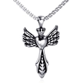 Collana gotica in acciaio inossidabile con corona, ali a cuore e ciondolo a croce - Ciondolo Singolo (Colore Acciaio)