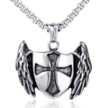 Hip hop stainless steel shield necklace with cross wings pendant in vintage silver finish - Steel Pendant Only (Without Chain) (XD0176)