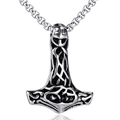 Vintage Thor's Hammer Mjolnir pendant necklace with Viking reliefs on box chain - Pendant Only / Steel