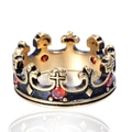 Gothic crown ring with red rubies and cross detail in retro stainless steel finish - US 6 / Gold Enamel Red Stone