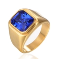 Men's square blue gemstone signet ring with a polished gold stainless steel band - Size 8 / Gold Plated Blue Zirconia