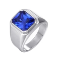 Polished silver stainless steel ring for men featuring a large square blue gemstone inlay - US 7 / Stainless Steel Silver Color Blue Zirconia