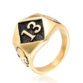 Punk style men's stainless steel signet ring with gold number 13 and skull side carving - US 7 / Gold and Black
