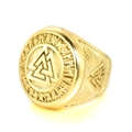 Bague chevalière Valknut Viking dorée en acier inoxydable avec runes et détails gravés - Tout Or