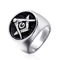 Anillo de sello masónico en acero pulido con símbolo masónico G sobre fondo negro - US 7 / Color Acero