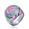 Detail view of iridescent rainbow stainless steel Viking ring with Valknut and Runes symbols - Size 7 / Colorful