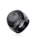 Detail of black Viking Valknut ring with engraved runes and stainless steel texture - Size 7 / Black