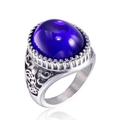 Vintage men's silver ring with embossed patterns and a dark blue oval gemstone inlay - US 7 / Stainless Steel Silver Color Blue Zirconia
