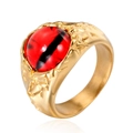Herren Punk-Ring aus Titanstahl in Gold-Optik mit markantem rotem Teufelsauge-Stein - Vollgold Rotes Auge Stil 2