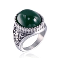 Retro silver men's ring featuring an oval green gemstone with ornate relief patterns - US 7 / Silver With Green Zircon