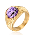 Gotischer goldener Titanstahlring mit lilafarbenem Drachenauge-Stein in der Mitte - Vollgold Violettes Auge
