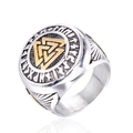 Viking ring for men with golden Valknut symbol and Norse runes on stainless steel - Size 7 / Two-tone (Gold & Silver)