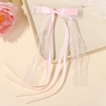 Elegant long pink satin ribbon hair bow clip with white floral lace for girls and women - Pink