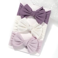 Baby headband set featuring 3 elastic knit bows in deep purple, white, and light purple - Dark Purple-White-Light Purple (3D)