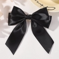 Elegant large black satin hair clip with classic double-layered ribbon bow for girls - Black