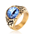 Gothic Punk Titanstahlring mit breitem Goldband und blauem Drachenaugenstein - Antik Gold Blaues Auge