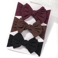 Three-piece baby headband set with large bows in burgundy, brown, and black ribbed knit - Wine Red-Brown-Black (3AH)