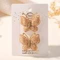 Barrettes papillon en velours côtelé kaki faites main avec fil doré sur carte cadeau - Khaki (2A-10)