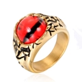 Gotischer Edelstahlring in Gold mit rotem Teufelsauge-Stein und Reben-Relief - Antik Gold Rotes Auge