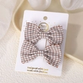Brown and white checkered bow hair clips for girls, handmade with ruffle lace edges - Light Brown Checkered (2A-3)