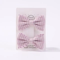 Set of two pink and white plaid bow hair clips with purple wavy trim on card - Pink White Scalloped Purple (2A-5)