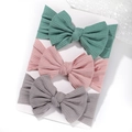 Three-piece set of soft ribbed baby headbands with large bows in green, pink and grey - Dark Green-Pink-Grey (3AG)