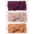 Three-piece baby headband set with large bows in purple, beige, and mustard yellow - Dark Purple-Apricot-Ginger (3R)