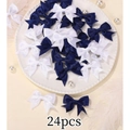 24-piece set of mini satin bow hair clips in solid white and navy blue colors - White And Dark Blue Combo (24B)