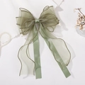 Pastel green layered chiffon bow hair clip with elegant long ribbons and pearl accents - Bean Green