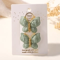 Lot de deux barrettes papillon en tricot vert haricot avec fil doré fait main - Vert Haricot