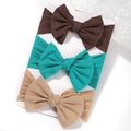 Three-piece baby bow headbands set in dark brown, teal, and beige soft ribbed knit fabric - Dark Coffee-Cyan-Beige Brown (3U)