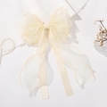 Light beige organza ribbon bow hair clip with pearls and long streamers for girls - Light Beige