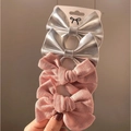 Set of four bow hair clips featuring silver faux leather and pink linen fabric bows - Multicolor Mix D (4D)