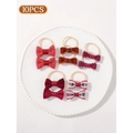 10-piece set of children bow hair ties in red and brown autumn colors and varied fabrics - Red Velvet Plaid