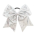 Large 8-inch silver sequin cheer bow hair tie with durable black elastic rubber band - Silver (22)