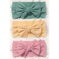 Three-piece baby bow headband set in soft sage green, yellow, and pink ribbed knit fabric - Green-Yellow-Pink (3Q)
