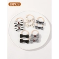 10-piece girls' bow hair tie set featuring black and white patterns in a white tray - Black Rice Plaid Polka Dot