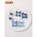 Blue bow hair ties set for kids featuring denim floral and mesh styles 10 pieces - Deep Blue Pom-pom Printed