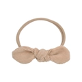 Detailed close-up of soft beige corduroy bow and elastic nylon headband for babies - Apricot (06)
