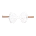 Close-up of white lace bow headband with a soft elastic nylon band for newborn babies - White Lace Bow