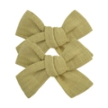Close-up of olive green linen fabric bow hair clips with detailed hand-knotted texture - Olive Green (40)