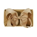 Soft nylon baby headband with a large khaki grosgrain ribbon bow on a white background - Champagne Gold (837-057)