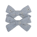 Coppia di fermagli per capelli a fiocco azzurro in cotone con ricamo floreale bianco - Blu Chiaro (15)