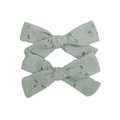 Set of two light green cotton hair bows with delicate floral embroidery for girls - Bean Green Hollow Embroidery Style (15)